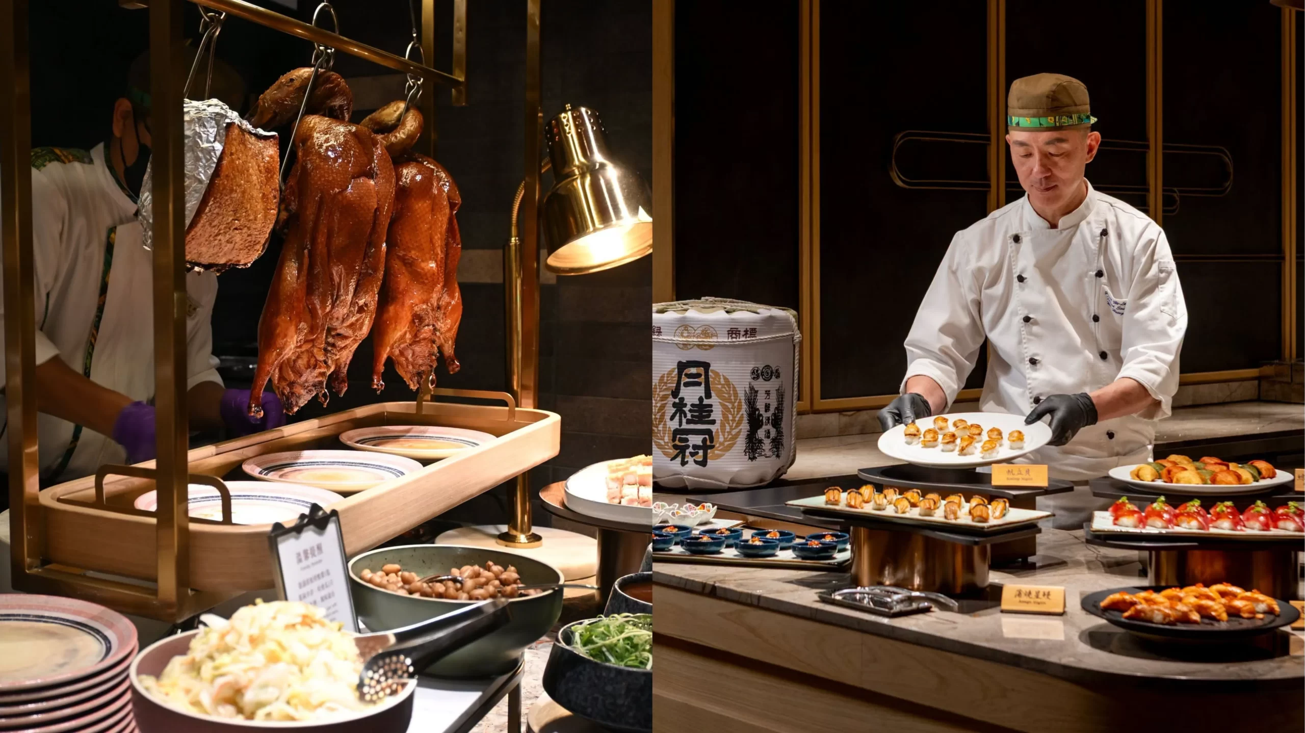 島語台中漢神洲際店。(左圖)島語自助餐廳中式餐區懸掛著金黃油亮的烤鴨與各式熱菜;(右圖)日料餐區主廚現場擺盤炙燒握壽司,餐檯呈現多款精緻壽司與清酒樽裝飾。