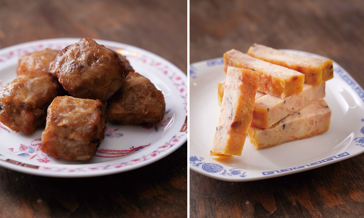蝦棗(左)及蟳丸(右),為老字號「阿霞飯店」經典菜色。