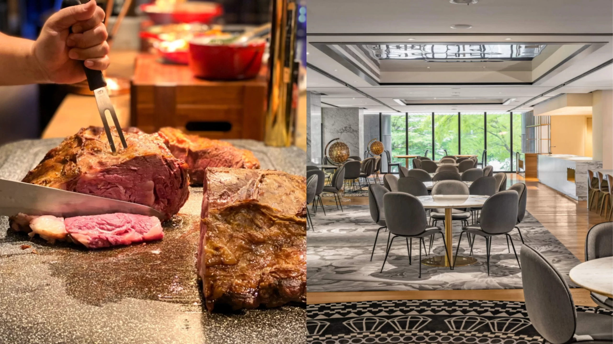 (左圖)台中李方艾美酒店新食譜全日餐廳主廚切片現烤爐烤牛肉,斷面呈現粉嫩多汁質感;(右圖)餐廳內擁有大片落地窗綠意景緻與時尚典雅的用餐空間。